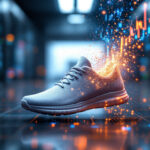 En grå sneaker står på et blankt gulv i et højteknologisk miljø med lysende datagrammer og levende lyspartikler, der kommer ud af skoen og symboliserer innovation og teknologi. - Kunstig intelligens AI