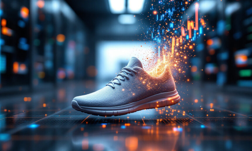 En grå sneaker står på et blankt gulv i et højteknologisk miljø med lysende datagrammer og levende lyspartikler, der kommer ud af skoen og symboliserer innovation og teknologi. - Kunstig intelligens AI