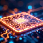 En glødende mikrochip med orange og blå kredsløbslinjer udstråler energi og fremhæver indviklede forbindelser på en mørk, sløret printpladebaggrund. - Kunstig intelligens AI