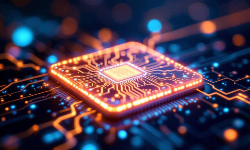 En glødende mikrochip med orange og blå kredsløbslinjer udstråler energi og fremhæver indviklede forbindelser på en mørk, sløret printpladebaggrund. - Kunstig intelligens AI