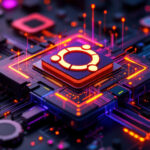 Et glødende Ubuntu-logo sidder i midten af en futuristisk computerchip, omgivet af oplyste kredsløb og levende orange og lilla lys på et digitalt bundkort. - Kunstig intelligens AI