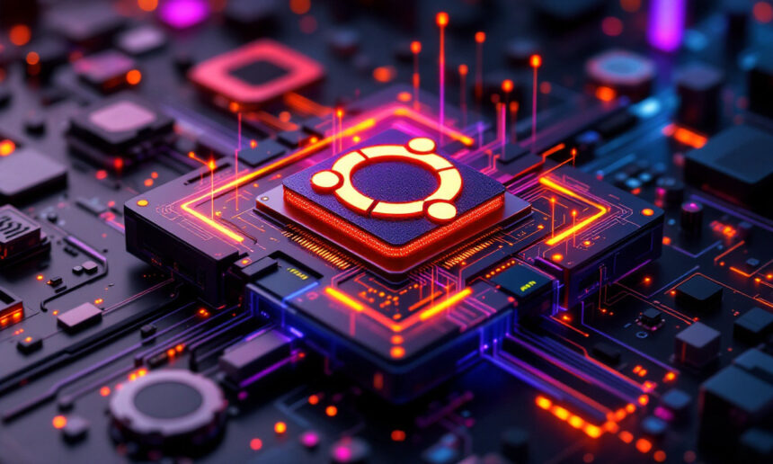 Et glødende Ubuntu-logo sidder i midten af en futuristisk computerchip, omgivet af oplyste kredsløb og levende orange og lilla lys på et digitalt bundkort. - Kunstig intelligens AI