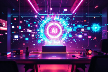 Et futuristisk kontor med en lysende "AI"-skærm i midten, omgivet af digitale ikoner og neonlys, der antyder avanceret kunstig intelligens-teknologi i et højteknologisk arbejdsområde. - Kunstig intelligens AI