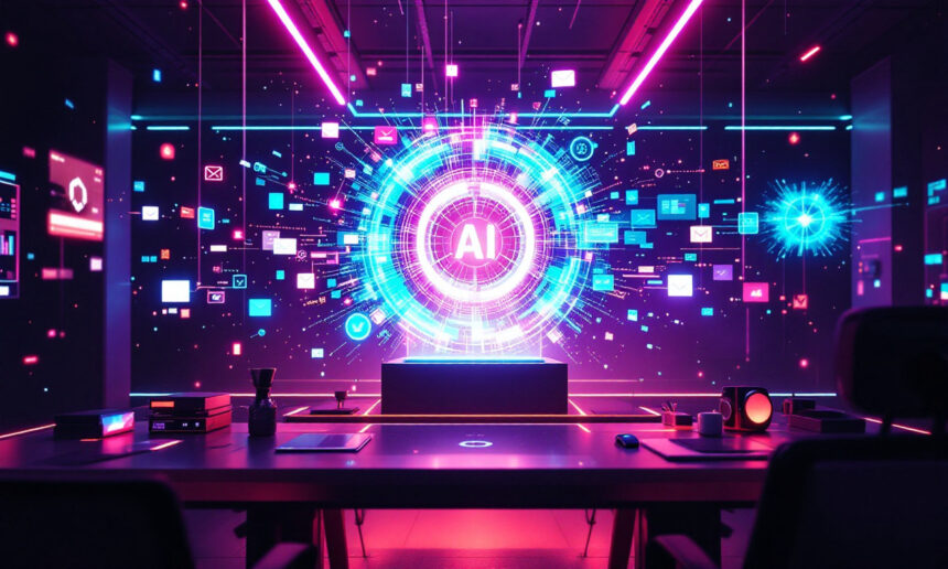 Et futuristisk kontor med en lysende "AI"-skærm i midten, omgivet af digitale ikoner og neonlys, der antyder avanceret kunstig intelligens-teknologi i et højteknologisk arbejdsområde. - Kunstig intelligens AI
