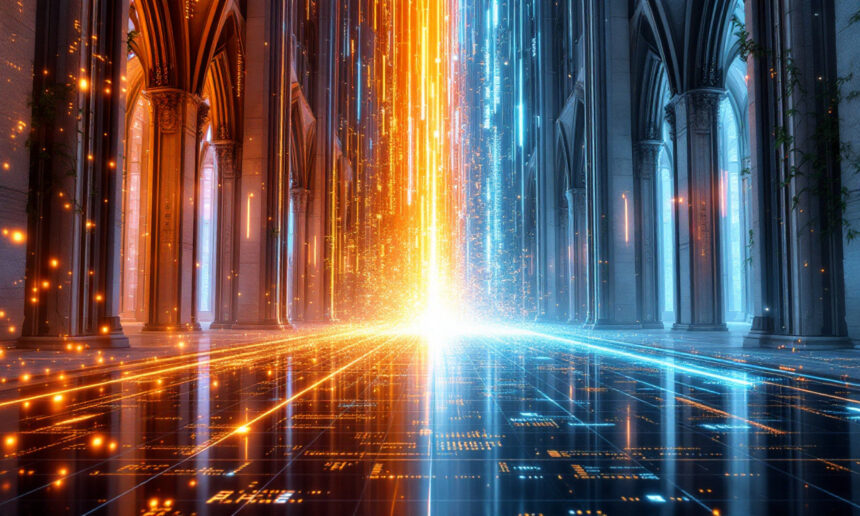 En storslået katedral med høje buer smelter sammen med en digital verden; en glødende linje af orange og blåt lys deler scenen og blander futuristiske datastrømme med gotisk arkitektur. - Kunstig intelligens AI