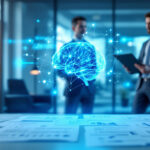 En holografisk digital hjerne svæver over et skrivebord dækket af dokumenter, mens to forretningsfolk i jakkesæt diskuterer noget på en tablet i et moderne kontormiljø. - Kunstig intelligens AI