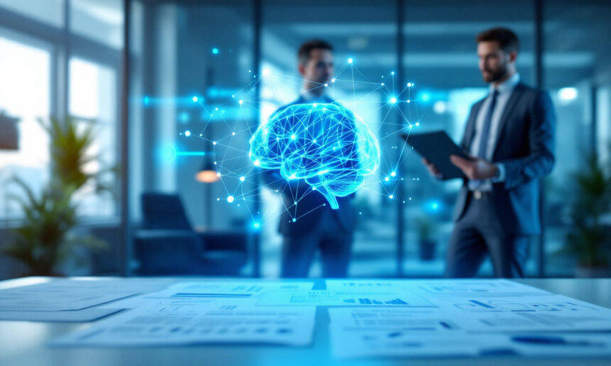 En holografisk digital hjerne svæver over et skrivebord dækket af dokumenter, mens to forretningsfolk i jakkesæt diskuterer noget på en tablet i et moderne kontormiljø. - Kunstig intelligens AI