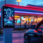 En futuristisk drive-thru-skærm med et digitalt interface til det menneskelige ansigt står ved siden af en elegant sort bil med en stærkt oplyst fastfood-restaurant i baggrunden i skumringen. - Kunstig intelligens AI