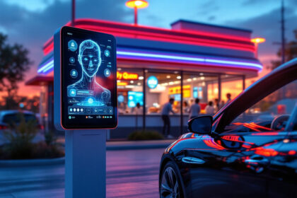 En futuristisk drive-thru-skærm med et digitalt interface til det menneskelige ansigt står ved siden af en elegant sort bil med en stærkt oplyst fastfood-restaurant i baggrunden i skumringen. - Kunstig intelligens AI
