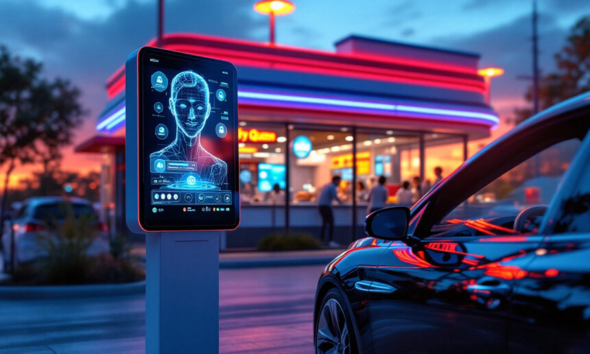 En futuristisk drive-thru-skærm med et digitalt interface til det menneskelige ansigt står ved siden af en elegant sort bil med en stærkt oplyst fastfood-restaurant i baggrunden i skumringen. - Kunstig intelligens AI