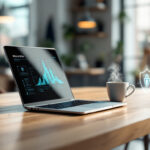 En bærbar computer med dataanalyse og sikkerhedsikoner står på et træbord ved siden af en dampende kop kaffe i et lyst, moderne kontor med sløret baggrundsindretning. - Kunstig intelligens AI