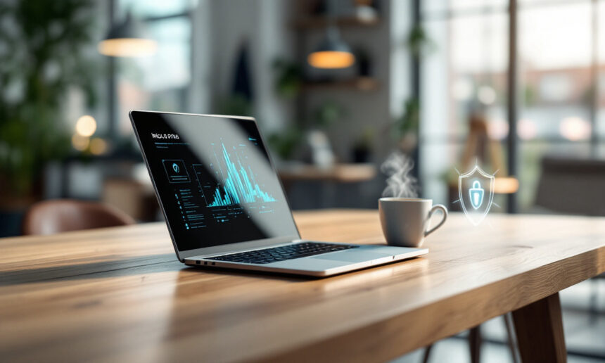 En bærbar computer med dataanalyse og sikkerhedsikoner står på et træbord ved siden af en dampende kop kaffe i et lyst, moderne kontor med sløret baggrundsindretning. - Kunstig intelligens AI