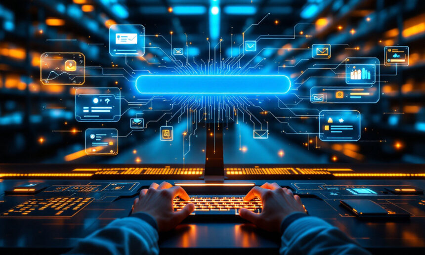 Hænder, der skriver på et tastatur med et lysende søgefelt og digitale ikoner, der repræsenterer data og teknologi, som svæver ovenover, i et futuristisk serverrum med blåt og orange lys. - Kunstig intelligens AI