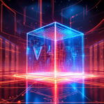 En lysende digital kube med blå og røde neonlinjer står i midten af et futuristisk datacenter, omgivet af oplyste kredsløb og højteknologiske serverracks i et virtuelt sci-fi-miljø. - Kunstig intelligens AI