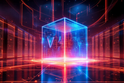 En lysende digital kube med blå og røde neonlinjer står i midten af et futuristisk datacenter, omgivet af oplyste kredsløb og højteknologiske serverracks i et virtuelt sci-fi-miljø. - Kunstig intelligens AI