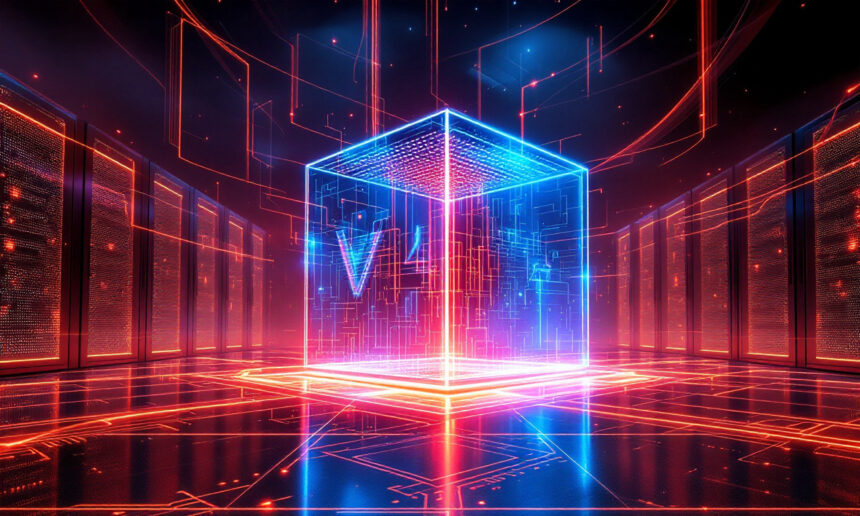 En lysende digital kube med blå og røde neonlinjer står i midten af et futuristisk datacenter, omgivet af oplyste kredsløb og højteknologiske serverracks i et virtuelt sci-fi-miljø. - Kunstig intelligens AI