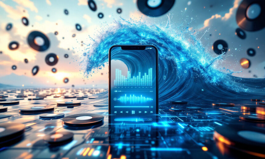 En smartphone med et lysende equalizer-display står på en futuristisk overflade, omgivet af vinylplader og digitale musikikoner, mens en stor bølge af vand og data flyder rundt om den under en farverig himmel. - Kunstig intelligens AI