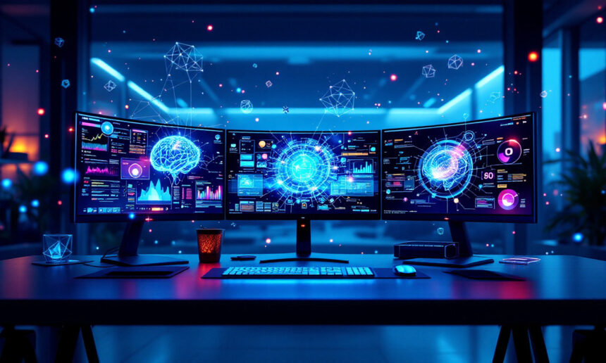 Et moderne skrivebord med tre store computerskærme, der viser digital hjernegrafik, datadiagrammer og lysende netværk i et futuristisk kontor, oplyst af blå og lilla neonlys. - Kunstig intelligens AI