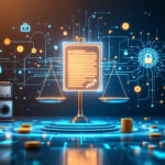En lysende digital vægt og et juridisk dokument står i midten, omgivet af kryptovalutamønter, et ur og teknologiikoner, der symboliserer skæringspunktet mellem jura, digital sikkerhed og blockchain-teknologi. - Kunstig intelligens AI