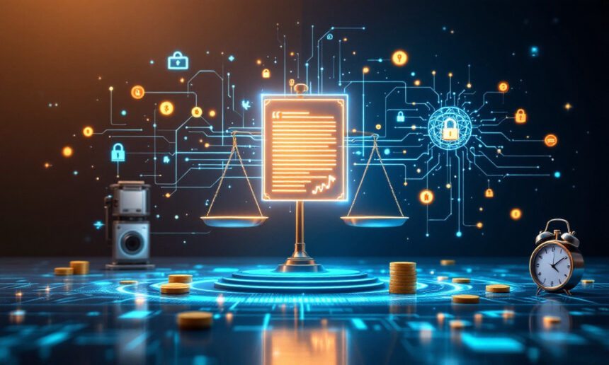 En lysende digital vægt og et juridisk dokument står i midten, omgivet af kryptovalutamønter, et ur og teknologiikoner, der symboliserer skæringspunktet mellem jura, digital sikkerhed og blockchain-teknologi. - Kunstig intelligens AI
