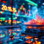 Et lysende bybillede rejser sig fra en mikrochip på en printplade med levende børsgrafer og tal i den slørede baggrund, der symboliserer teknologi og finansmarkeder. - Kunstig intelligens AI