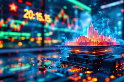 Et lysende bybillede rejser sig fra en mikrochip på en printplade med levende børsgrafer og tal i den slørede baggrund, der symboliserer teknologi og finansmarkeder. - Kunstig intelligens AI