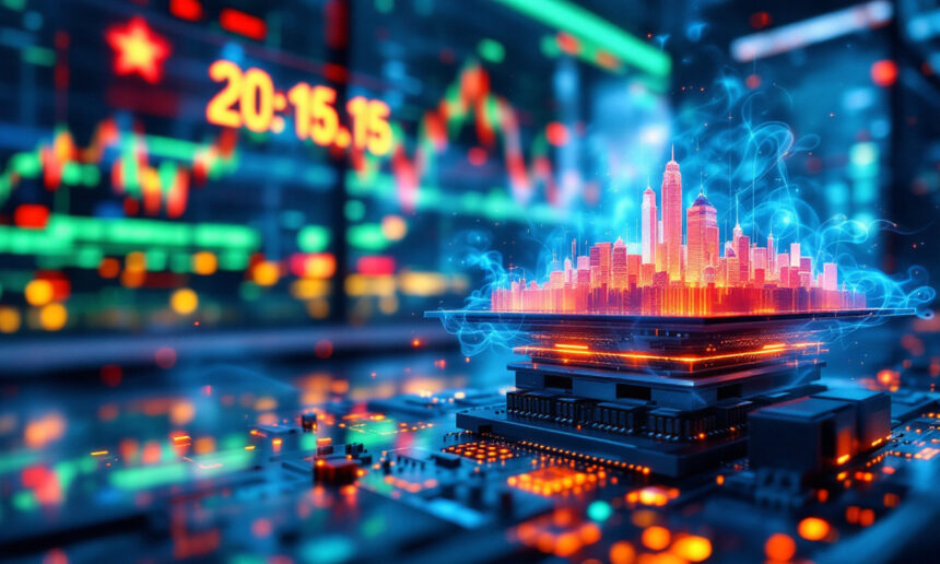Et lysende bybillede rejser sig fra en mikrochip på en printplade med levende børsgrafer og tal i den slørede baggrund, der symboliserer teknologi og finansmarkeder. - Kunstig intelligens AI