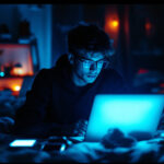 En ung person med briller sidder på en seng i et svagt oplyst rum, oplyst af det blå skær fra en bærbar computerskærm. Forskellige elektroniske apparater og bøger ligger spredt omkring dem. Varmt lys lyser blødt op i baggrunden. - Kunstig intelligens AI