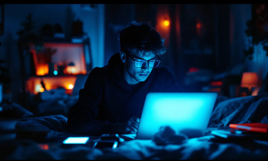 En ung person med briller sidder på en seng i et svagt oplyst rum, oplyst af det blå skær fra en bærbar computerskærm. Forskellige elektroniske apparater og bøger ligger spredt omkring dem. Varmt lys lyser blødt op i baggrunden. - Kunstig intelligens AI