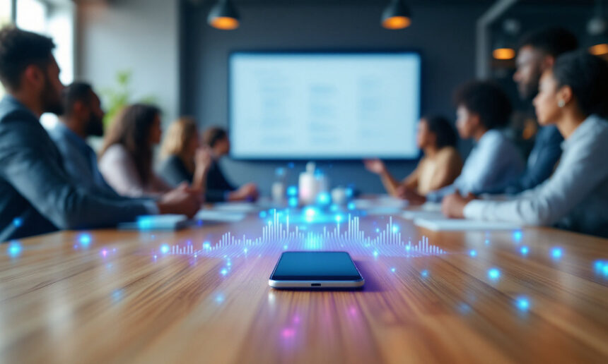 En smartphone ligger på et konferencebord omgivet af mennesker til et forretningsmøde, og der kommer glødende lydbølgegrafik ud af telefonen, hvilket tyder på stemmeoptagelse eller smart teknologi. En sløret skærm er synlig i baggrunden. - Kunstig intelligens AI