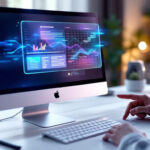 En person bruger en iMac-computer, der viser farverige digitale grafer og datavisualiseringer på skærmen i et lyst, moderne kontor med grønne planter i baggrunden. - Kunstig intelligens AI