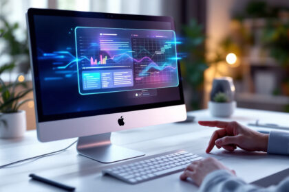 En person bruger en iMac-computer, der viser farverige digitale grafer og datavisualiseringer på skærmen i et lyst, moderne kontor med grønne planter i baggrunden. - Kunstig intelligens AI