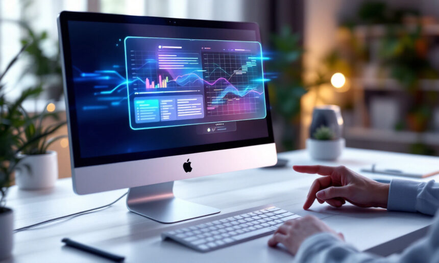 En person bruger en iMac-computer, der viser farverige digitale grafer og datavisualiseringer på skærmen i et lyst, moderne kontor med grønne planter i baggrunden. - Kunstig intelligens AI