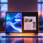 En bærbar computer på et reflekterende bord viser en delt skærm med et blåt bølget abstrakt design til venstre og en webbrowser til højre. Baggrunden viser et blødt oplyst rum med store vinduer og et skær af solnedgang. - Kunstig intelligens AI