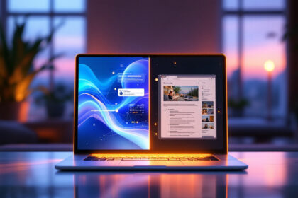 En bærbar computer på et reflekterende bord viser en delt skærm med et blåt bølget abstrakt design til venstre og en webbrowser til højre. Baggrunden viser et blødt oplyst rum med store vinduer og et skær af solnedgang. - Kunstig intelligens AI
