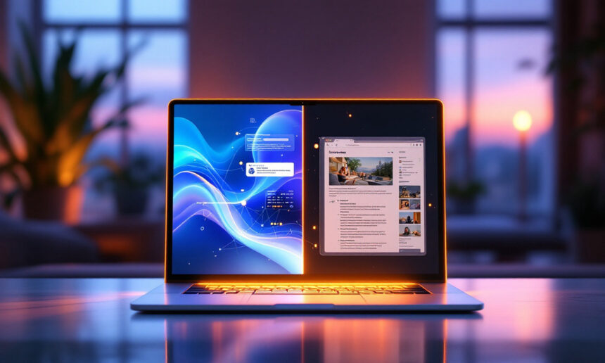 En bærbar computer på et reflekterende bord viser en delt skærm med et blåt bølget abstrakt design til venstre og en webbrowser til højre. Baggrunden viser et blødt oplyst rum med store vinduer og et skær af solnedgang. - Kunstig intelligens AI