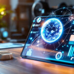 En tablet på et træbord viser en glødende digital jord omgivet af futuristisk datagrafik og diagrammer, der antyder global teknologi og dataanalyse i et moderne arbejdsområde. - Kunstig intelligens AI