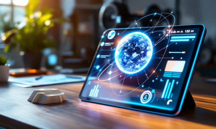 En tablet på et træbord viser en glødende digital jord omgivet af futuristisk datagrafik og diagrammer, der antyder global teknologi og dataanalyse i et moderne arbejdsområde. - Kunstig intelligens AI
