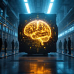 En lysende digital hjerne vises på en stor skærm i et højteknologisk serverrum, omgivet af mennesker, der står i silhuet mod rækker af oplyste computerservere. - Kunstig intelligens AI