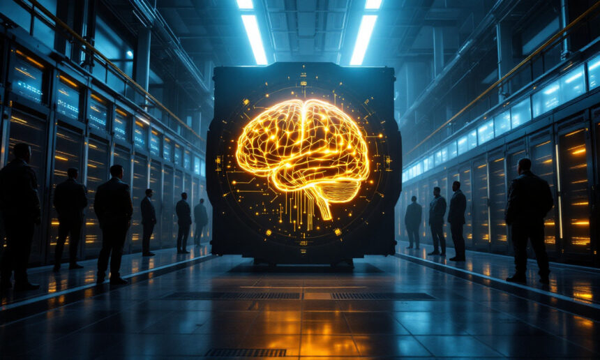 En lysende digital hjerne vises på en stor skærm i et højteknologisk serverrum, omgivet af mennesker, der står i silhuet mod rækker af oplyste computerservere. - Kunstig intelligens AI
