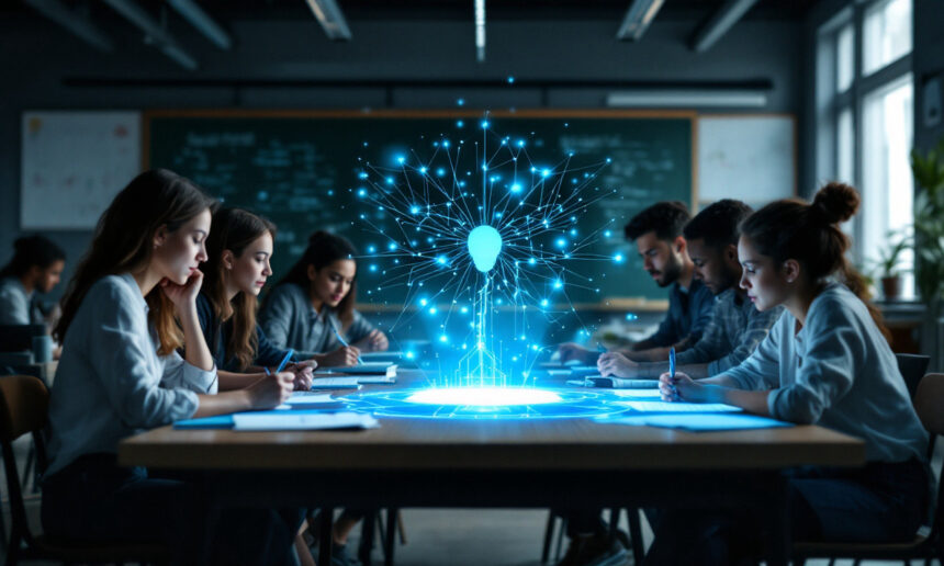 En gruppe studerende sidder ved skriveborde i et klasseværelse og fokuserer på deres arbejde. I midten ses en lysende blå digital hjerne med forbindelseslinjer og knudepunkter, som symboliserer kunstig intelligens og kollaborativ læring. - Kunstig intelligens AI