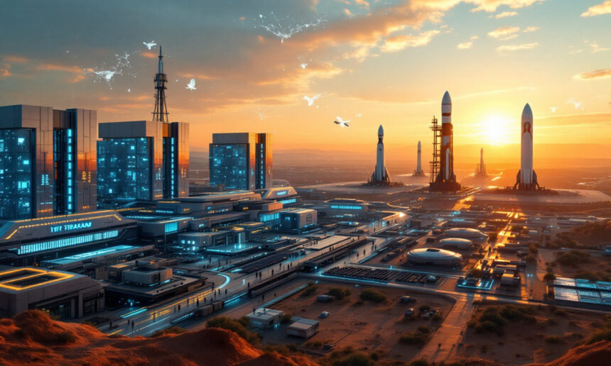 Futuristisk rumhavn ved solnedgang med raketter på affyringsramper, moderne bygninger med glødende blå lys og flyvende droner på himlen i et ørkenlandskab. - Kunstig intelligens AI