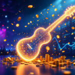 En glødende gylden guitar omgivet af mønter og stakke af penge står under farverige scenelys med et jublende publikum og digitale finansielle grafer i baggrunden. - Kunstig intelligens AI