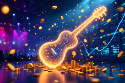 En glødende gylden guitar omgivet af mønter og stakke af penge står under farverige scenelys med et jublende publikum og digitale finansielle grafer i baggrunden. - Kunstig intelligens AI