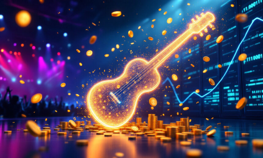 En glødende gylden guitar omgivet af mønter og stakke af penge står under farverige scenelys med et jublende publikum og digitale finansielle grafer i baggrunden. - Kunstig intelligens AI