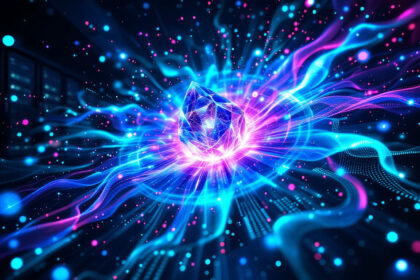 En glødende, facetteret krystal svæver i midten, omgivet af hvirvlende blå og pink lysbølger, gnister og digitale elementer på en mørk baggrund, hvilket skaber en futuristisk og energisk scene. - Kunstig intelligens AI