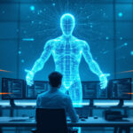 En person sidder ved et skrivebord med flere skærme og kigger på en stor lysende digital menneskefigur lavet af blå linjer og knuder, der symboliserer kunstig intelligens, på et moderne højteknologisk kontor. - Kunstig intelligens AI