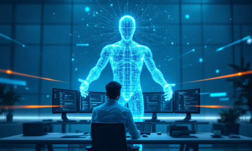 En person sidder ved et skrivebord med flere skærme og kigger på en stor lysende digital menneskefigur lavet af blå linjer og knuder, der symboliserer kunstig intelligens, på et moderne højteknologisk kontor. - Kunstig intelligens AI