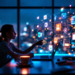 En kvinde sidder ved et skrivebord med en bærbar computer i et svagt oplyst kontor og interagerer med holografiske digitale ikoner og netværk. En bys skyline er synlig gennem store vinduer i baggrunden. - Kunstig intelligens AI