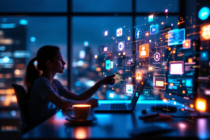 En kvinde sidder ved et skrivebord med en bærbar computer i et svagt oplyst kontor og interagerer med holografiske digitale ikoner og netværk. En bys skyline er synlig gennem store vinduer i baggrunden. - Kunstig intelligens AI